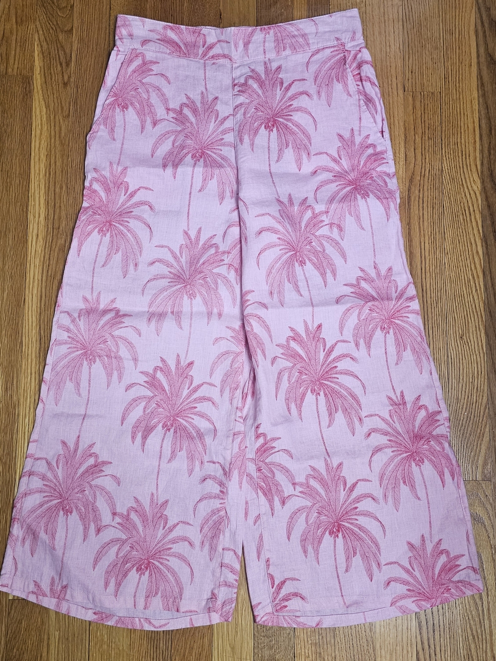 Tahari Pink Palm-Print Cropped Wide-Leg Pants